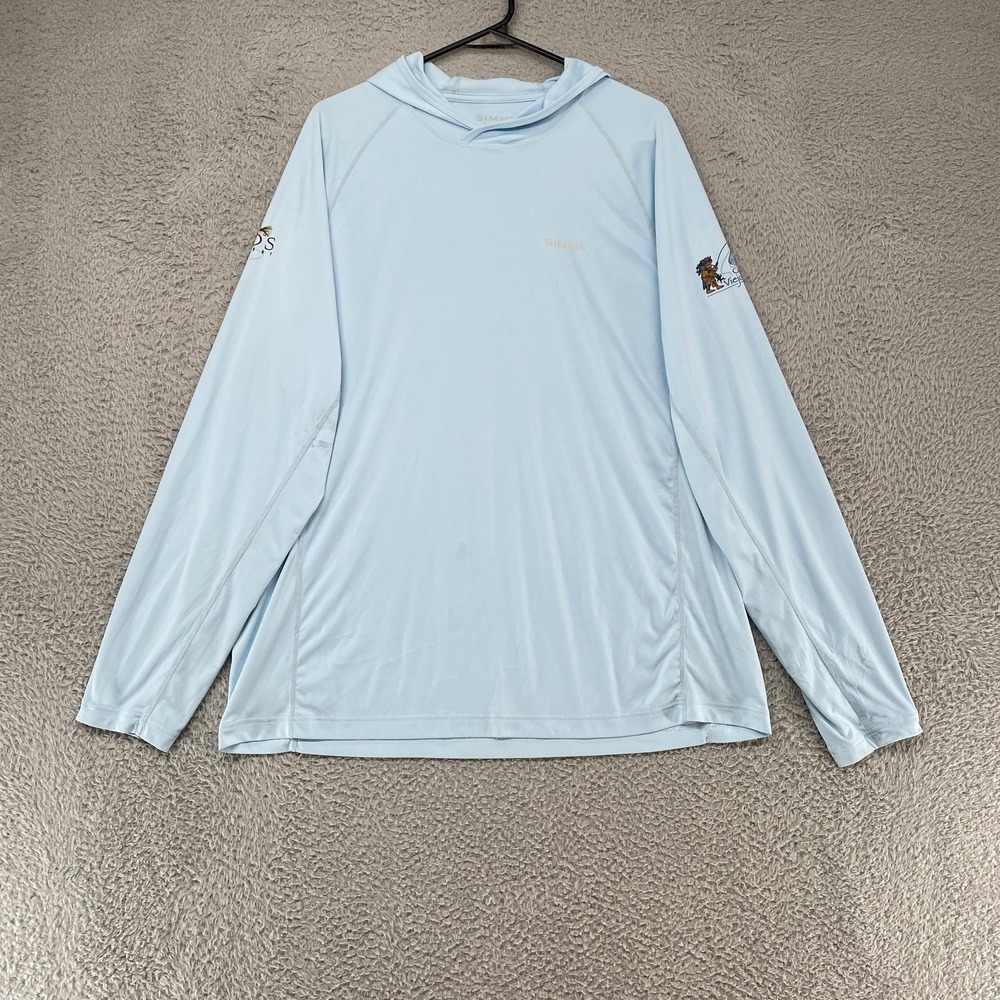 Simms SolarFlex Hoodie Shirt Mens XL Blue Long Sleeve UPF Sun Fishing Top